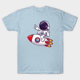 Cute Astronaut Pointing On Rocket Cartoon T-Shirt